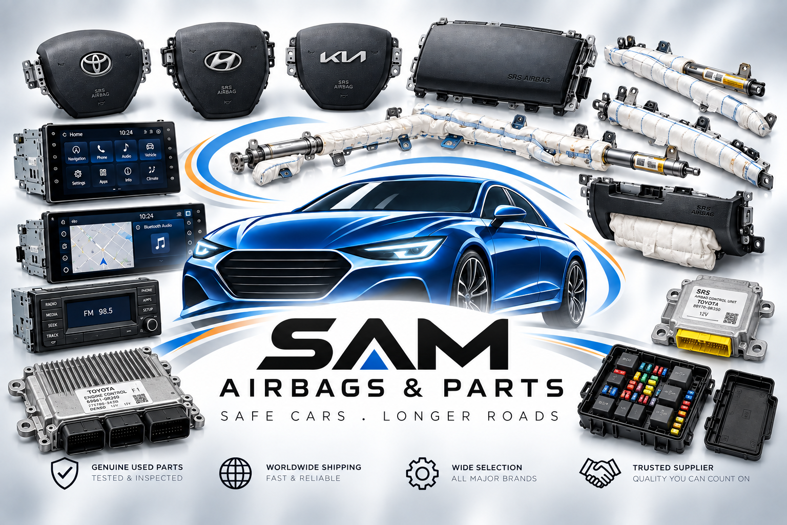 SAM Airbags & Parts - car surrounded by automotive parts